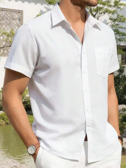 Mens linen short sleeve casual button down shirt with pockets