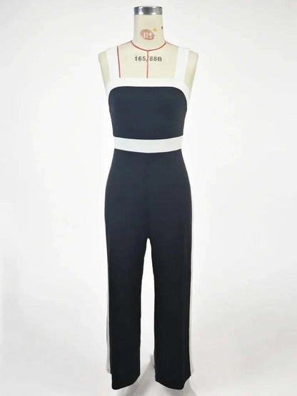 Women's Casual Black Jumpsuit White Contrast Trim Square Neck Great foThe Plug