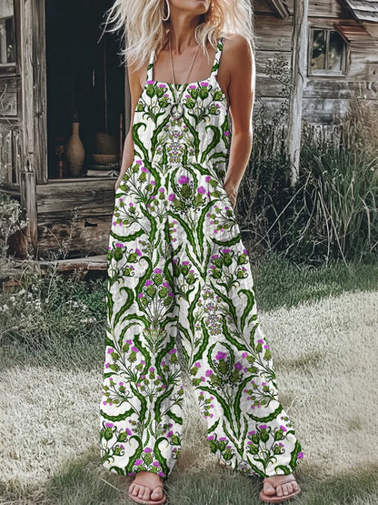 Women's Boho Floral Print Jumpsuit, Casual Summer Spaghetti Strap WideThe Plug