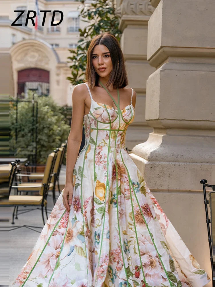 Boho Printed Women's Summer Holiday Halter Long Dress Waist Cinched Pleated Backless Sleeveless A-line Dresses 2026 Beach Robes