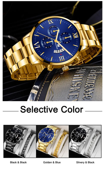 Men's Business Quartz Watch - Three-Eye Calendar, Stainless Steel Band
