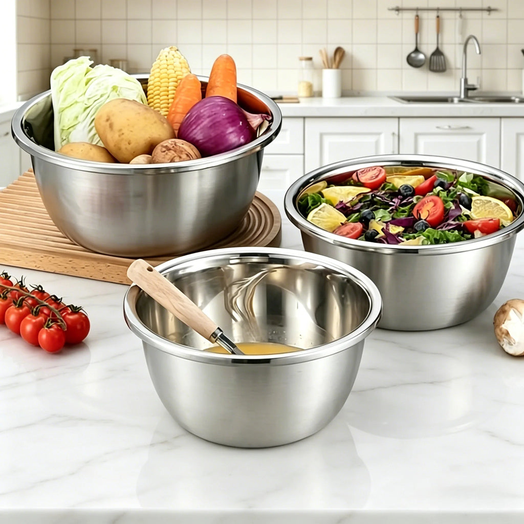 Stainless Steel Mixing Bowl Set, Multi-Purpose Kitchen Basin, European-Style Mixing and Kneading Bowl Set, Soup Bowl, Multi-Purpose Bowl 20+22+24