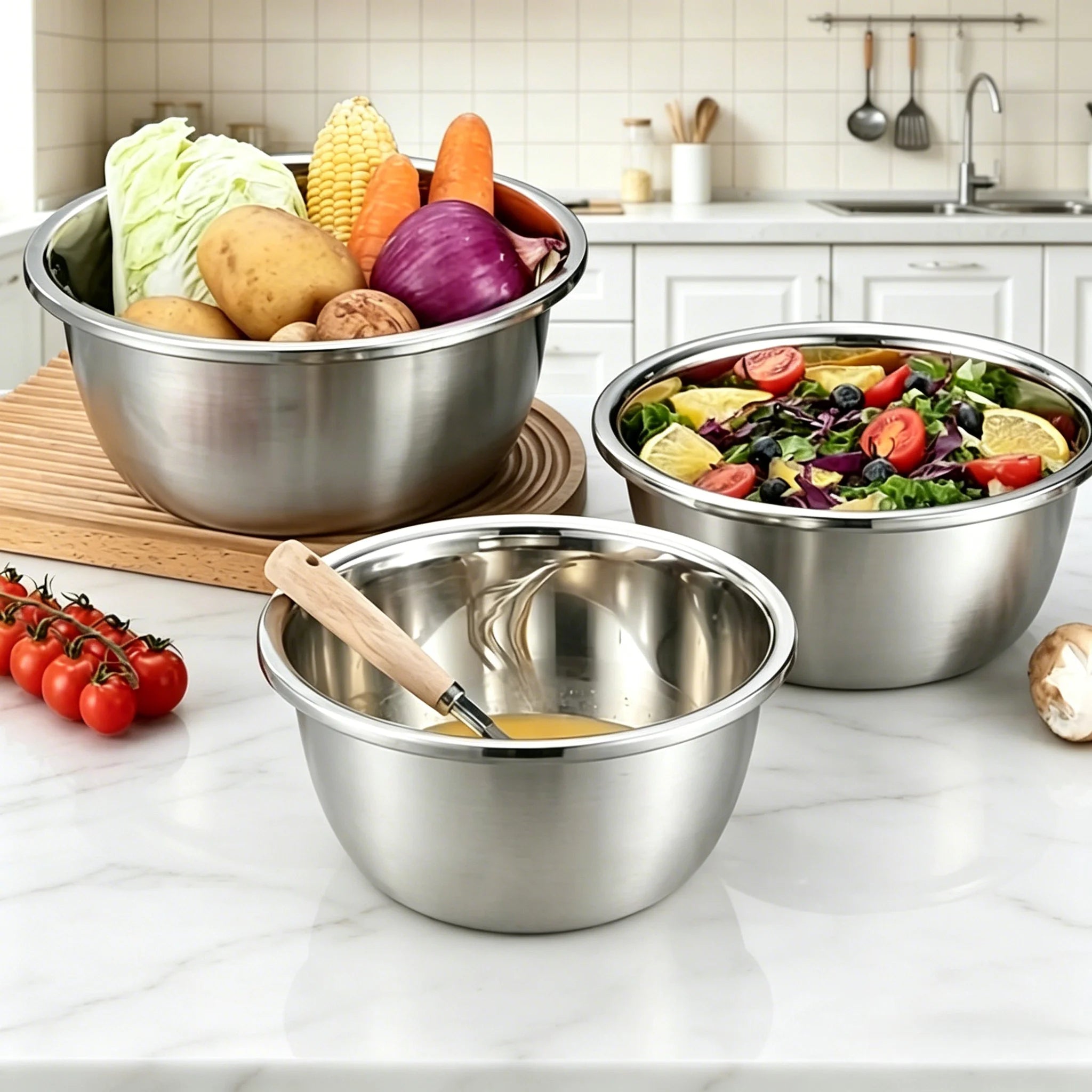 Stainless Steel Mixing Bowl Set, Multi-Purpose Kitchen Basin, European-Style Mixing and Kneading Bowl Set, Soup Bowl, Multi-Purpose Bowl 20+22+24
