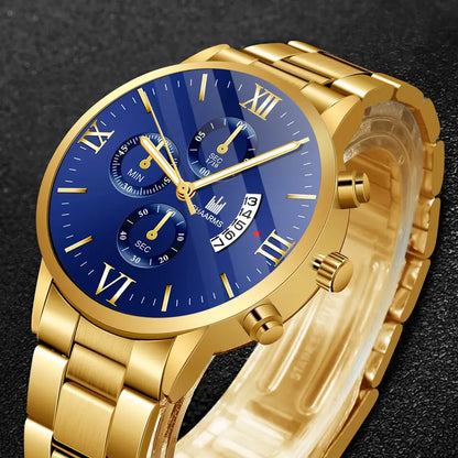 Men's Business Quartz Watch - Three-Eye Calendar, Stainless Steel Band