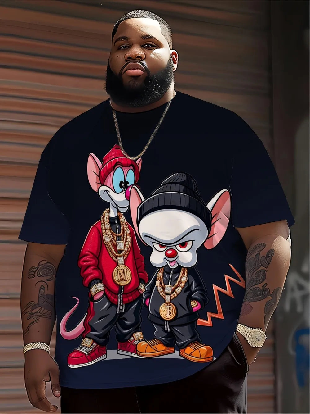 Bold cartoon animal print streetwear t-shirt in a vibrant, modern style.