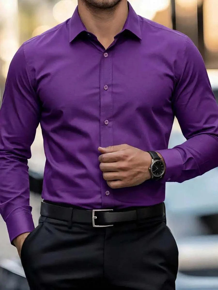 Solid Color Long Sleeve Casual Shirt With Turn-Down Collar For MenThe Plug