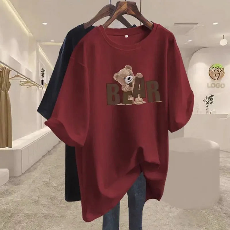 Summer Chic Letter Printing Bear T-shirt Women O-neck Short Sleeve Cotton Basic Top Tee Casual Loose Oversized Pullover 45-105Kg
