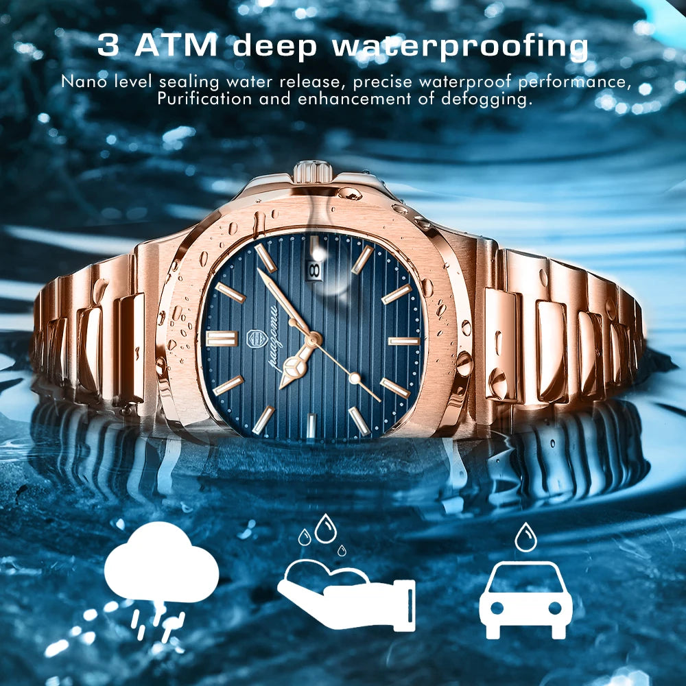 Men's Stainless Steel Waterproof Quartz Watch - Luminous Date & Week Display