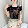 Streetwear Summer Women's Clothes T-Shirts Chic Flower Hot Diamonds Luxury Tees Sexy Girl Off Shoulder Slim Brand Tops