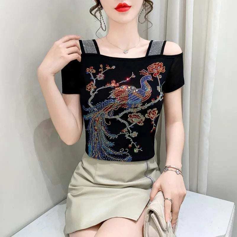 Streetwear Summer Women's Clothes T-Shirts Chic Flower Hot Diamonds LuThe Plug