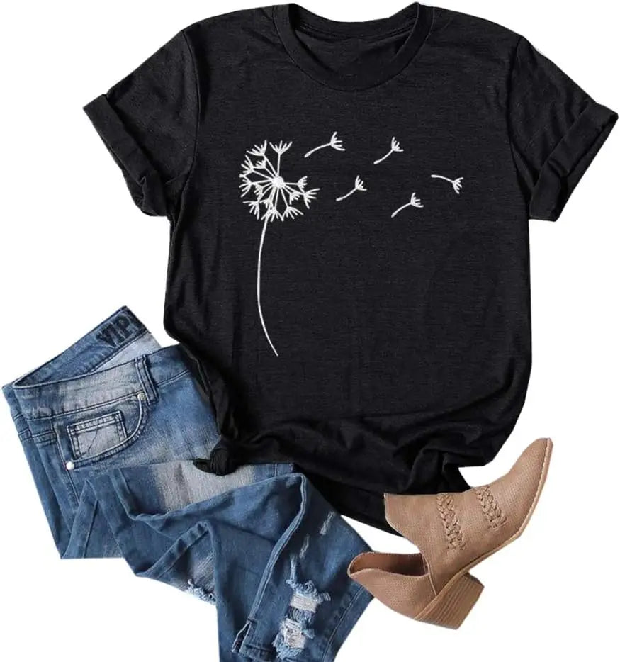 Women's Dandelion Print T Shirts Cute Graphic Tees Short Sleeve SummerThe Plug