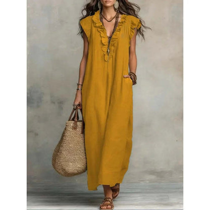 Women's Retro Bohemian Ruffle Linen Maxi Dress, Ruffle V-Neck SleeveleThe Plug