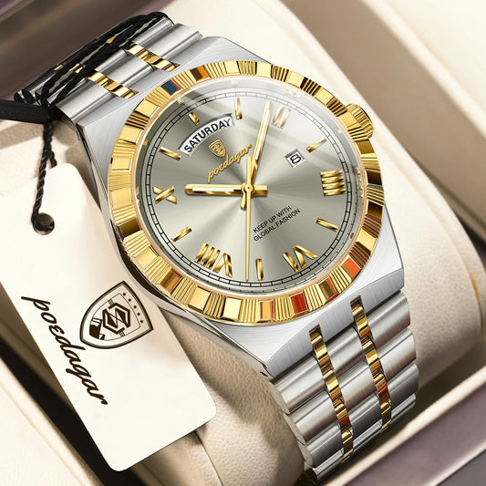POEDAGAR Men's Luxury Quartz Watch – Waterproof, Luminous, Week & Date Display