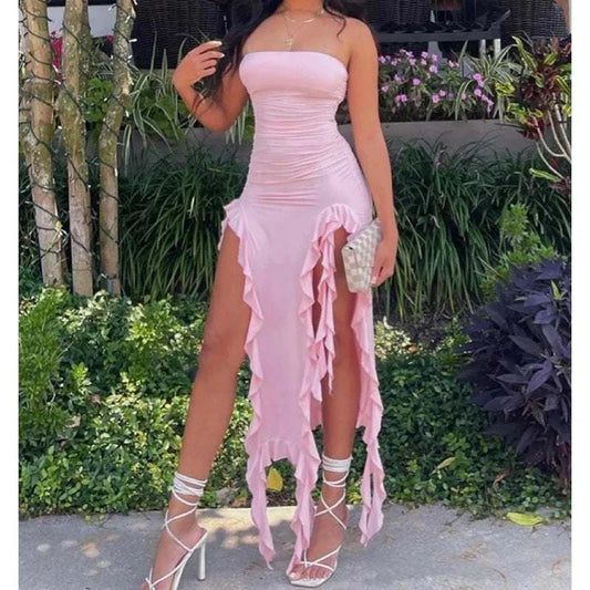 Women strapless sexy floral high slit mini dress backless sleeveless party dress black and pink