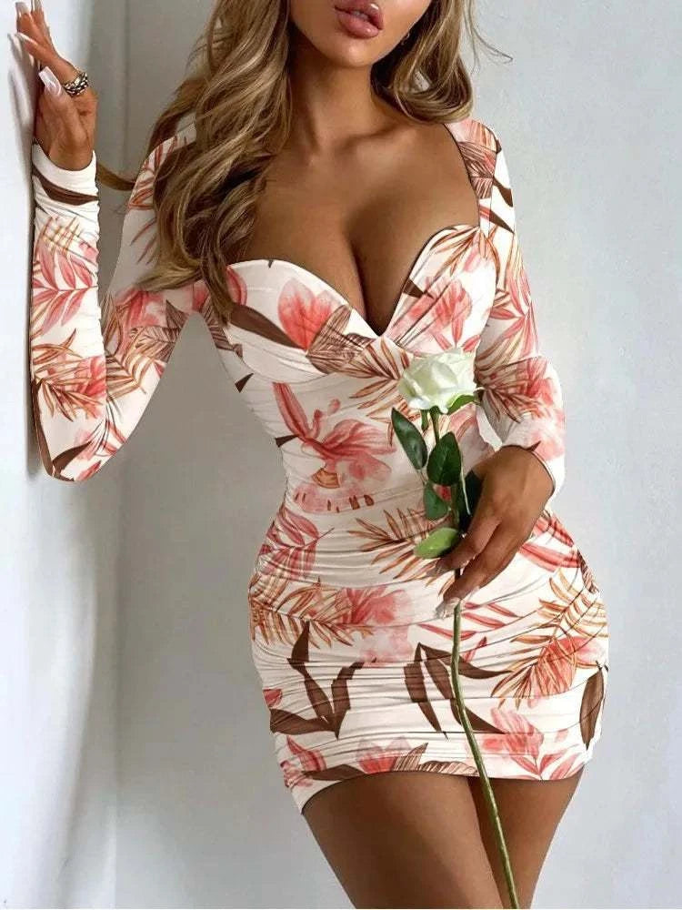 Sexy Package Hip Slim Mini Dress Printed Low Cut Bodycon Party Night CThe Plug