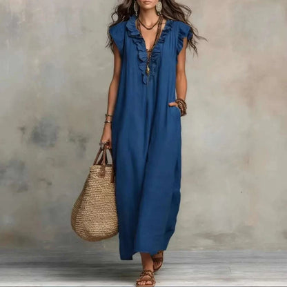Women's Retro Bohemian Ruffle Linen Maxi Dress, Ruffle V-Neck SleeveleThe Plug