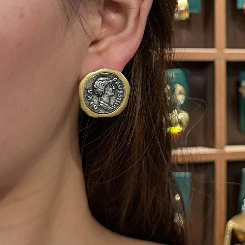 Vintage Style Gold Plated Ancient Coins Stud Earrings For Woman Round The Plug