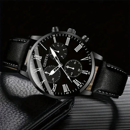 Men's Fashion Quartz Watch & Leather Bracelet Set (4/5pc)
