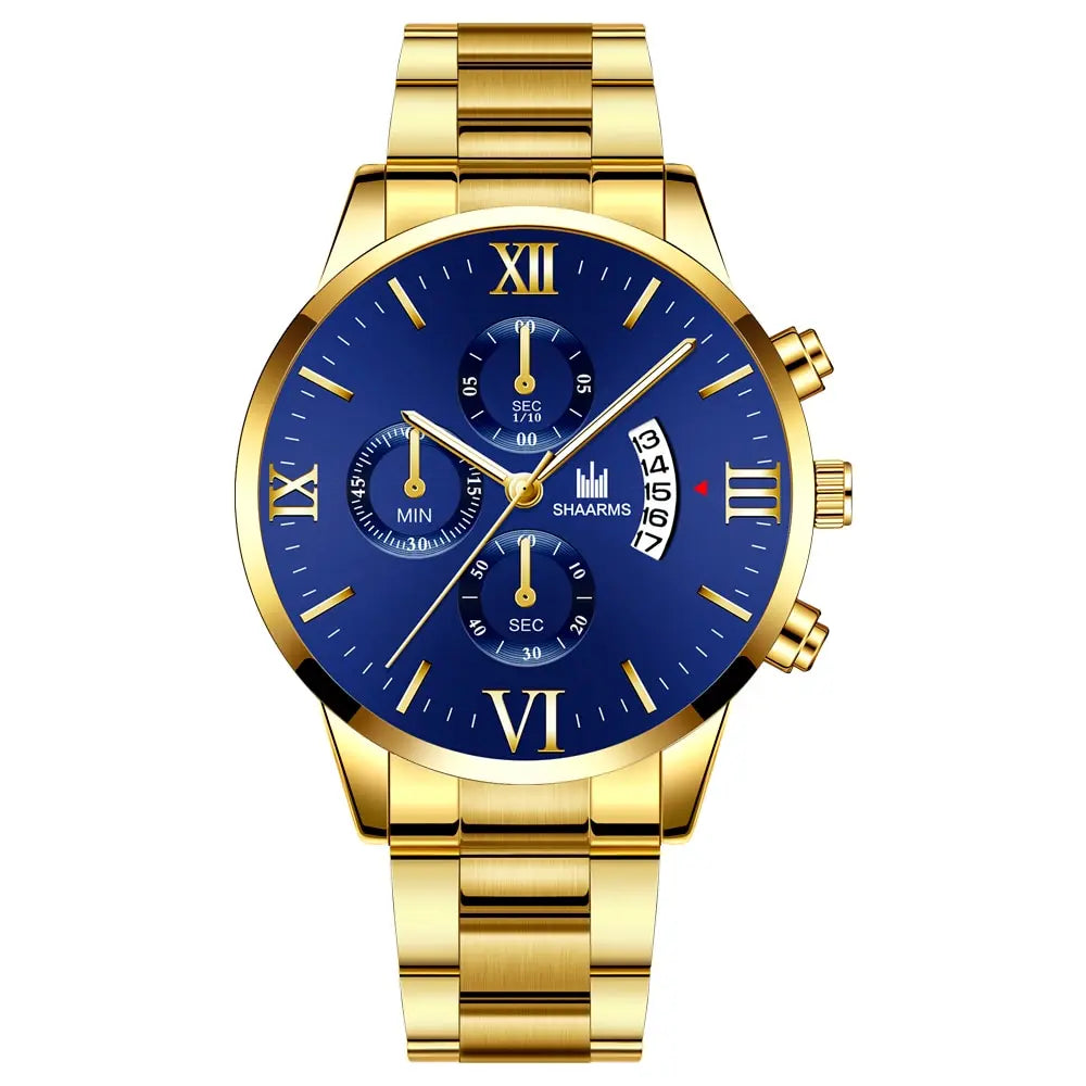 Men's Business Quartz Watch - Three-Eye Calendar, Stainless Steel Band
