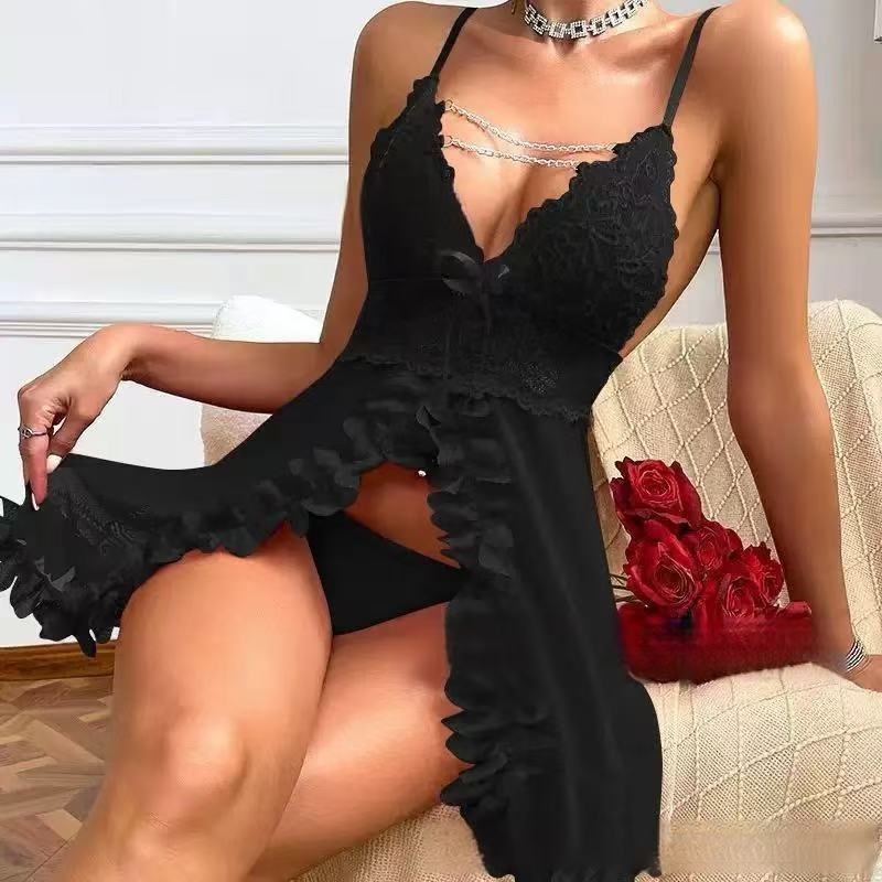 European and American New Style Lingerie Sexy Mesh Ruffled Butterfly Trim Front Open Camisole Dress Lingerie Set