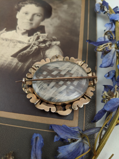 19th c. 9K Rose Gold Mourning Hair Brooch or Pendant