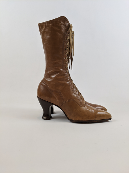 1920s Tan Lace Up Louis Heel Boots | Approx Sz 5