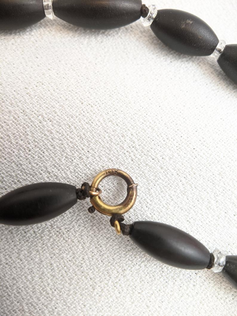 1900s French Jet Hand Knotted Necklace | 10k Gold Clasp