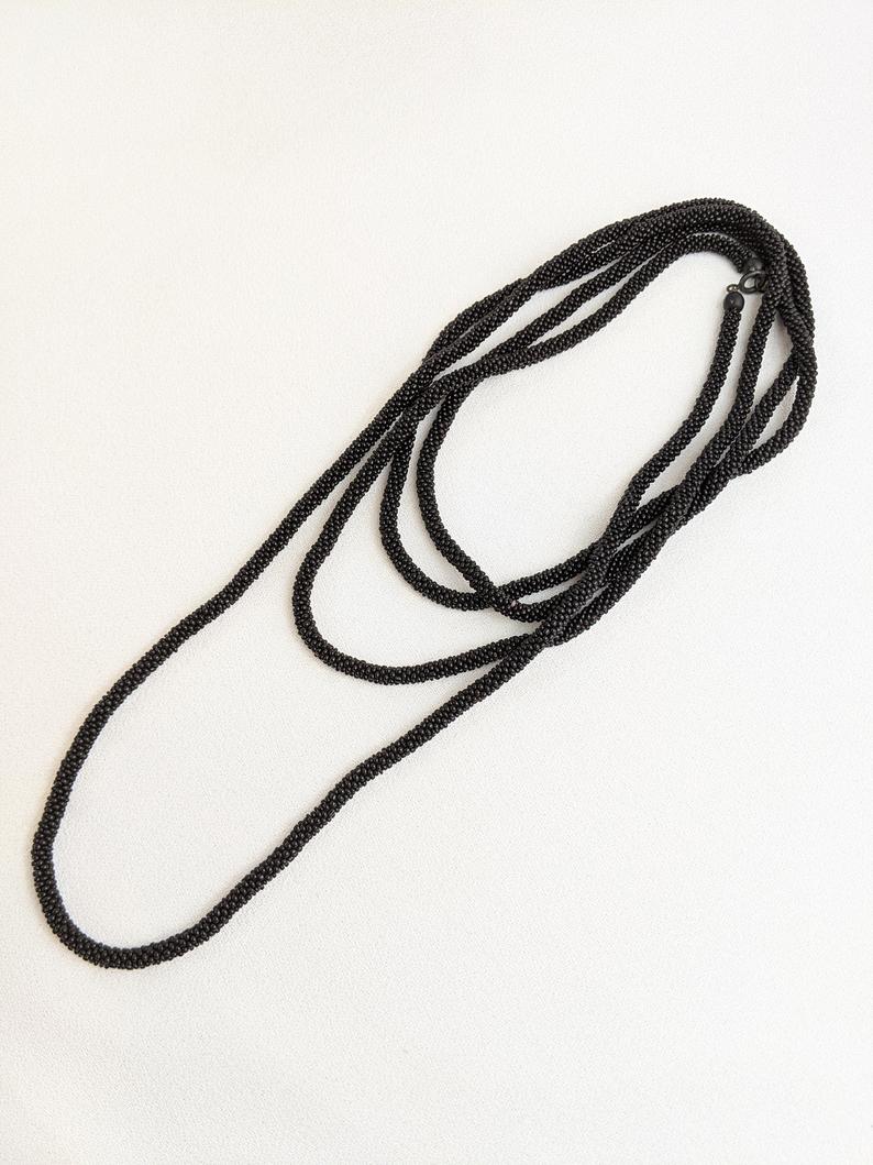 1910s-1920s Long French Jet Seed Bead Rope Necklace
