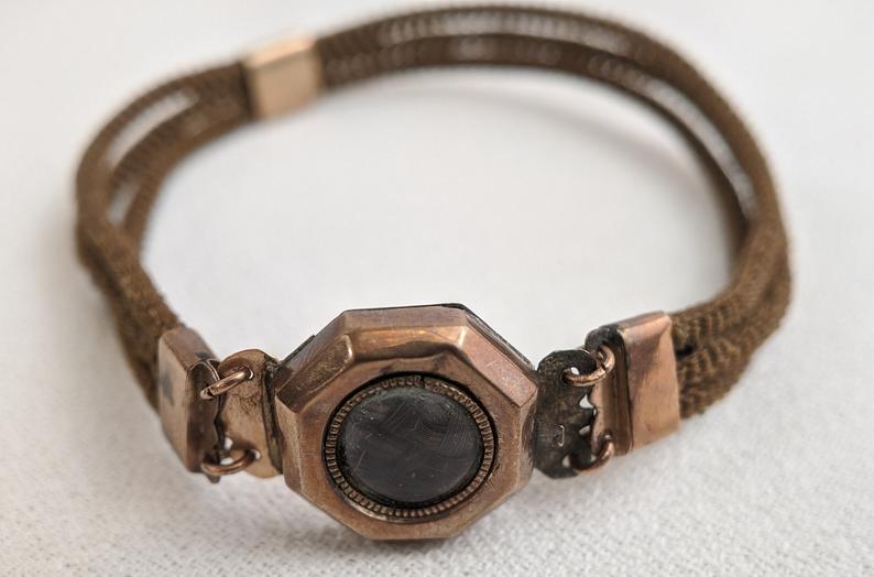 Victorian Hairwork Bracelet | Engraved "Dennis"