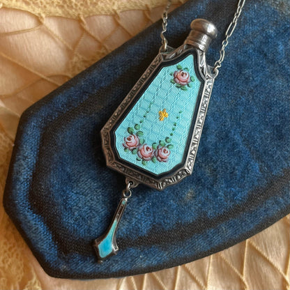 Art Deco Sterling Silver Guilloche Enamel Perfume Bottle Necklace