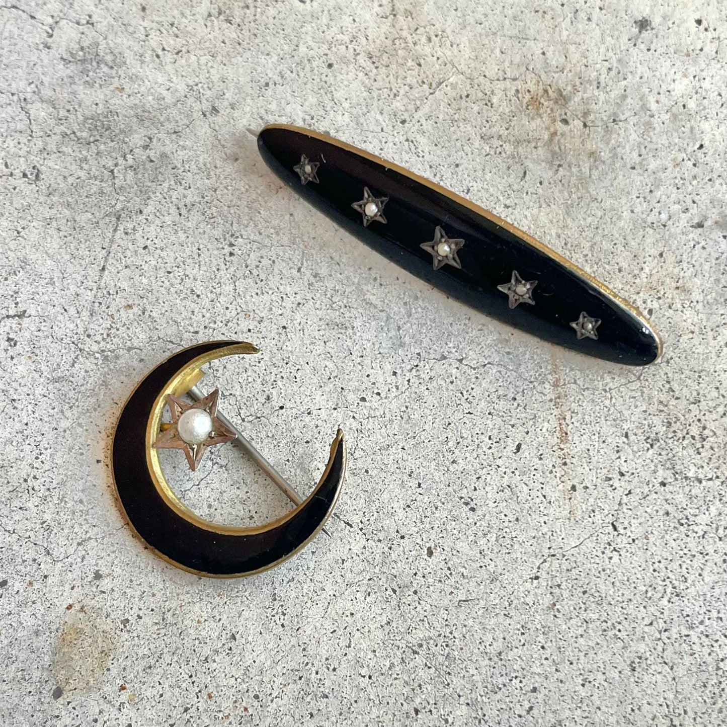 Reserved | c. 1890s Two Celestial Black Enamel Brooches