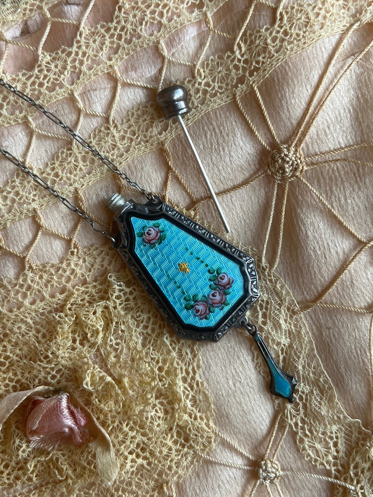 Art Deco Sterling Silver Guilloche Enamel Perfume Bottle Necklace