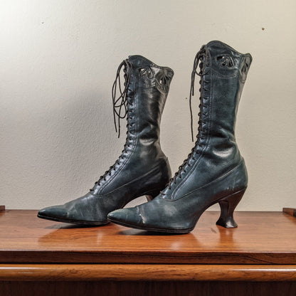 c. 1910-1920s Blue/Green Louis Heel Boots | Approx Sz 6-6.5