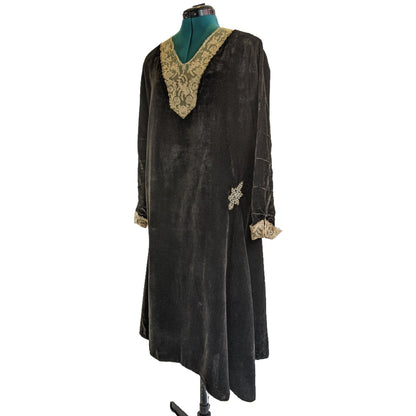 1920s Black Velvet Dress with Asymmetrical Hemline